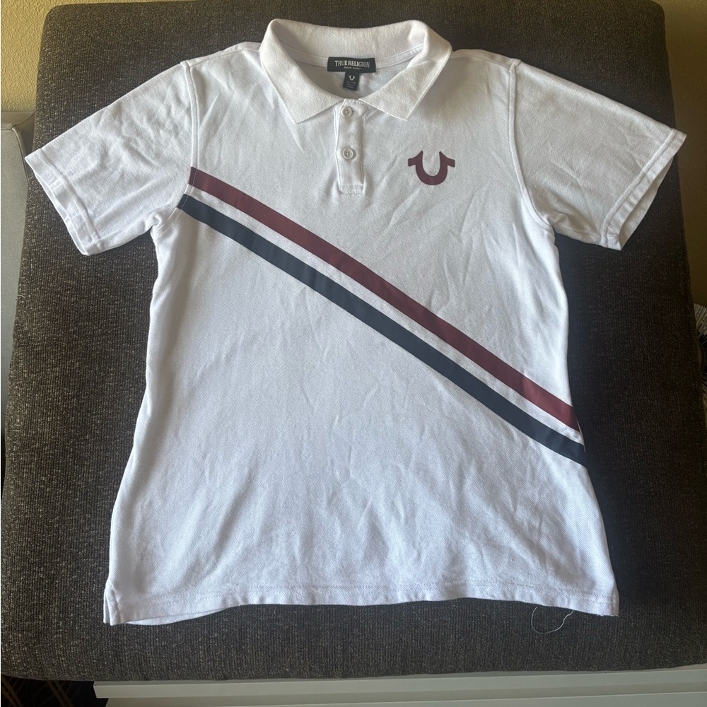 True Religion White Polo with Burgundy and Black Diagonal Stripes